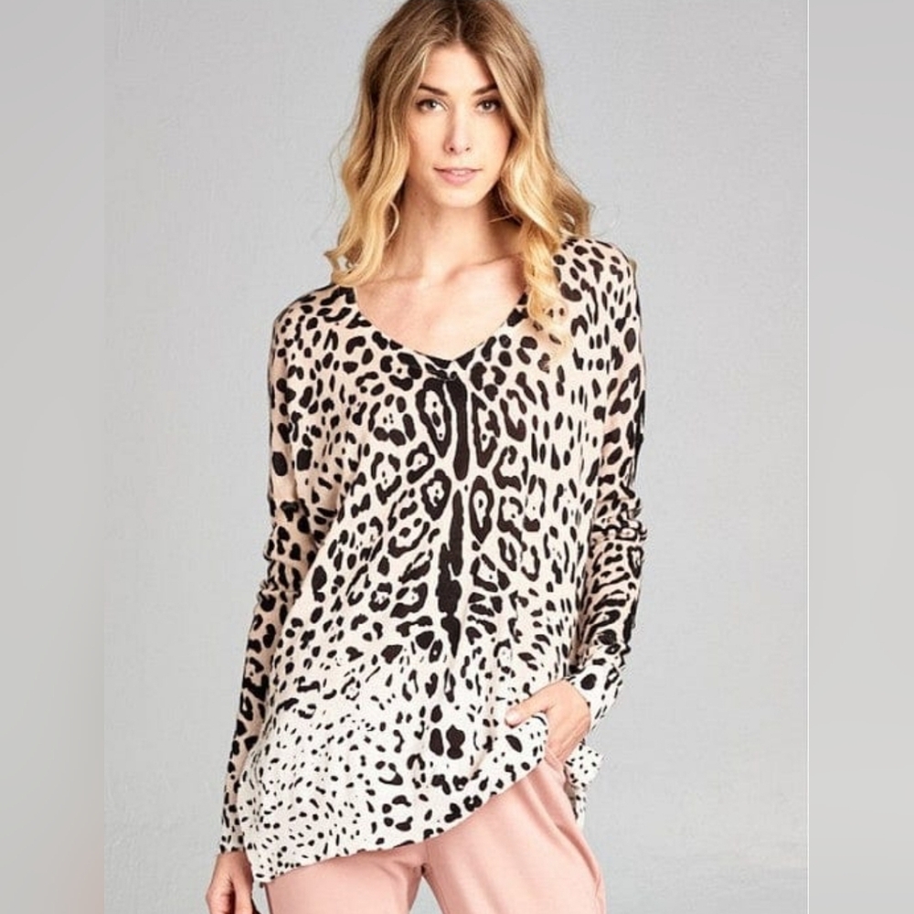 Ellison My Favorite Leopard Top Sweater Size Large Animal Print 100% Cotton Glam